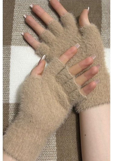 Peluş Kesik Parmak Eldiven Bej2