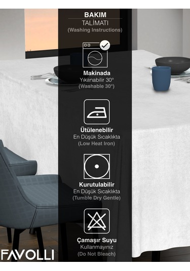 Kadife Dokulu Beyaz Renk Masa Örtüsü Beyaz