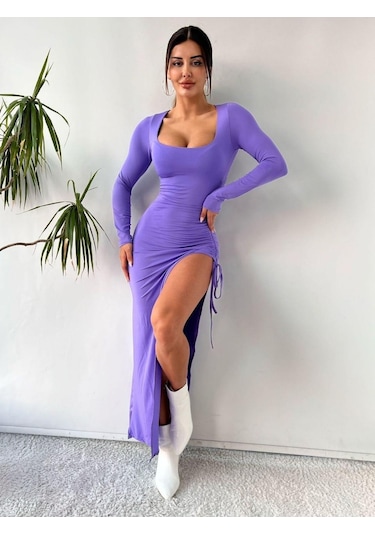 Pink Life Lila Kriptografik İpli Bacak Dekolteli Maksi Elbise Lila