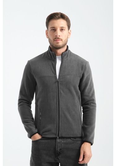 Shooter Sportswear Premium Kışlık Erkek Polar Sweatshirt Minimal Nakış Detayları Fermuarlı Regular Fit Füme