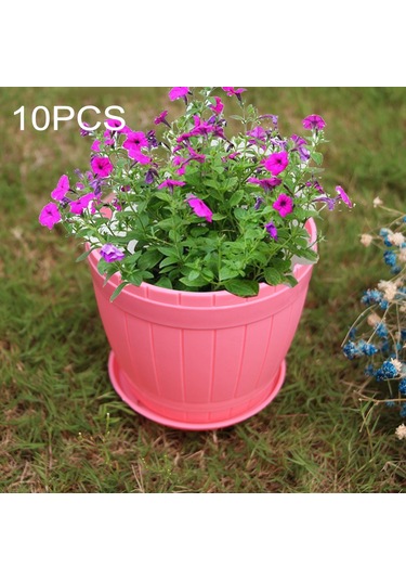 Sones 10 Adet İmitasyon Ahşap Fıçı Plastik Reçine Saksı Tepsili, Üst Çap: 19cm, Yükseklik: 16.5cm Pembe