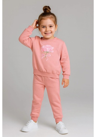 Kız Çocuk %100 Pamuk Gül Baskılı Eşofman Takımı Pudra