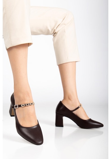 Kadın Stiletto Topuklu Ayakkabı Kahve Suni Deri Baret Taşlı Kalın Topuklu-4172 Kahve