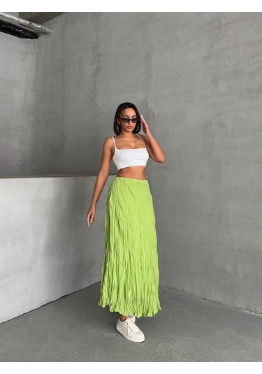 Kadın Buruşuk Modal Dokulu Soft Uzun Etek Açık Yeşil Kadın Buruşuk Modal Dokulu Soft Uzun Etek Açık Yeşil