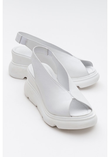 Sam Beyaz Cilt Hakiki Deri Kadın Dolgu Topuk Sandalet Beyaz