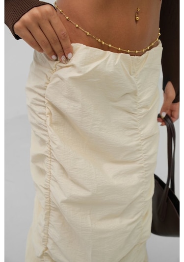 Büzgü Detay Maxi Etek Bej