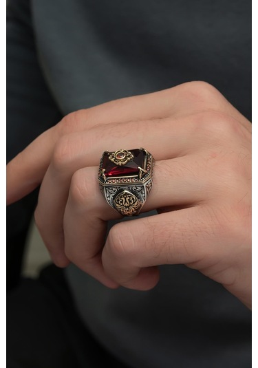 Kırmızı Taşlı Çiçek Motifli 925 Gümüş Erkek Yüzük
