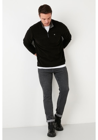 Buratti Slim Fit Anti-Pilling Tüylenme Yapmayan Bato Yaka Kışlık Şardonlu Erkek Polar 5906001 Siyah