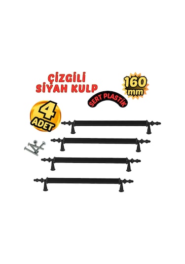 Çizgili Siyah Plastik Mobilya Kulpu 160mm 4 Lü Siyah