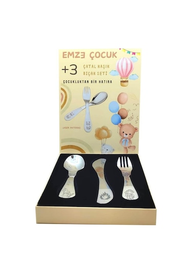 Emze Çocuk Paslanmaz Çelik Kutulu Çatal Kaşık Bıçak Seti İtfaiye Desenli GÜmüş