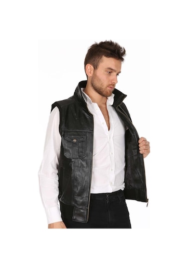 Hakiki Deri Siyah Jack Beli Lastikli Erkek Deri Yelek Siyah