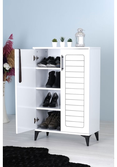 Luna 2 Kapaklı 4 Bölmeli Modern Ayakkabılık - Beyaz 70x108x35 C