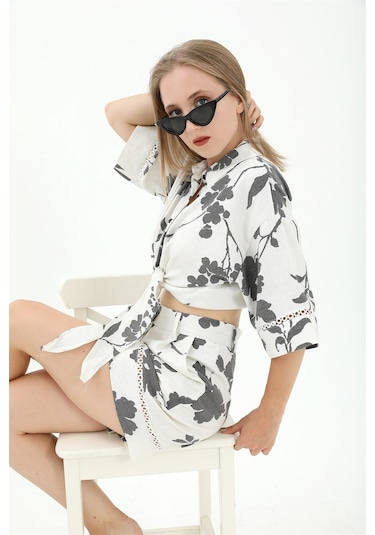 Önden Bağlamalı Dantelli Keten Takım - Siyah-siyah Siyah