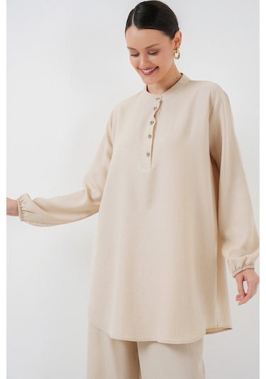 Bigdart 6678 Keten Tunik Pantolon İkili Takım - Krem