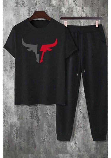 Unisex Boğa Baskılı Eşofman Takımı Siyah