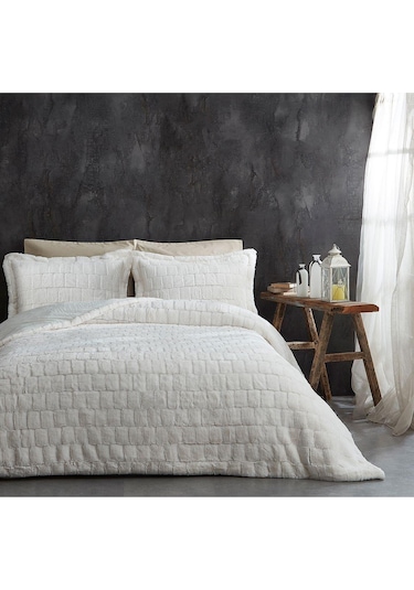 Evlen Home Çift Taraflı Kişilik Kürk Yatak Örtüsü Uyku Seti Yumuşak Dolgulu Wellsoft Peluş 3 Parça Benita Krem Krem