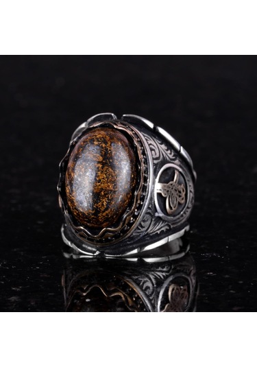 Gerçek Doğal Bronzit Taş Yüzük, 925 Ayar Katı Gümüş Erkek Yüzüğü, Osmanlı Tuğra Yüzüğü Gümüş