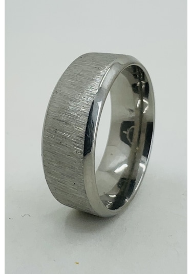 Takı Dükkanı Kişiye Özel İsim Yazılı Köşeli 8mm Mat Fırçalanmış Düz Unisex Çelik Yüzük Alyans Cl48y Beyaz