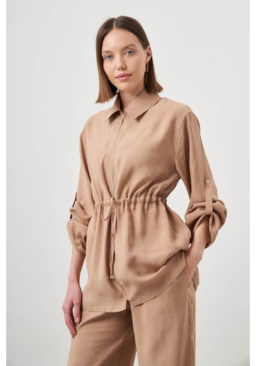 Mizalle Modal Fermuarlı Bej Tunik Bej