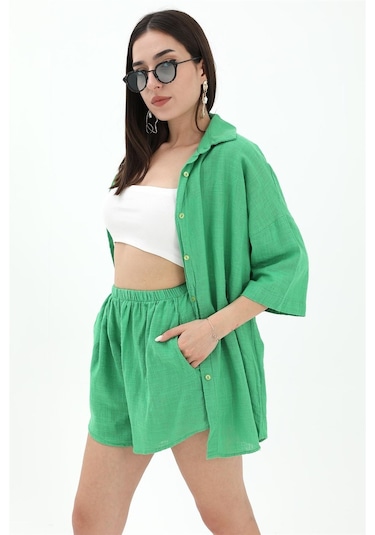 Pamuk Keten Şort Gömlek Kadın İkili Takım - Yeşil-yeşil Yeşil