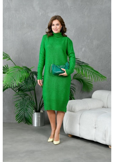 Kadın Balıkçı Yaka Kışlık Triko Elbise Yeşil