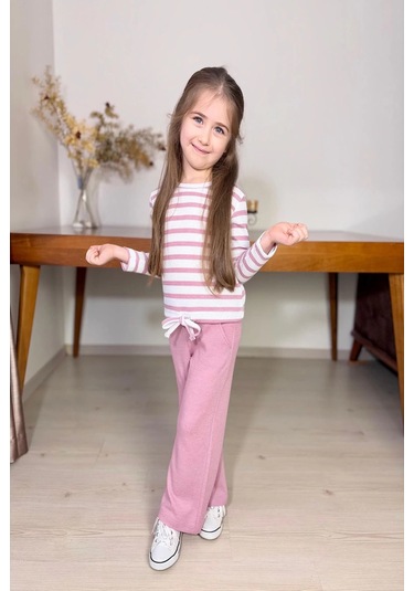 Çizgili Kız Çocuk Bol Paça Mevsimlik Pembe Renk Takım Pembe