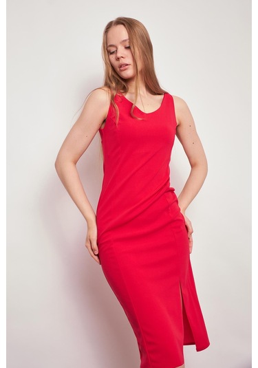 Likralı Krep Kumaş Ön Arka V Yaka Kolsuz Önden Yırtmaçlı Diz Altı Elbise-fujya Fujya