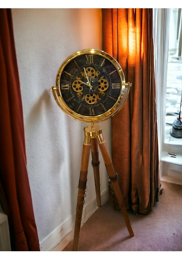 Çarklı Gold Metal 3d Ahşap Ayaklı Seyyar Ofis Salon Otel Saati Altın