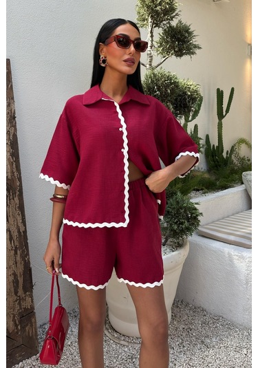 Kadın Mürdüm Keten Biye Detaylı Kısa Kollu Takım Mürdüm