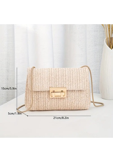 Dokuma Düz Renk Bej Tokalı Omuz Çantası Bej