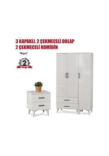 3 Kapaklı Beyaz Dolap Ve Komodin Seti