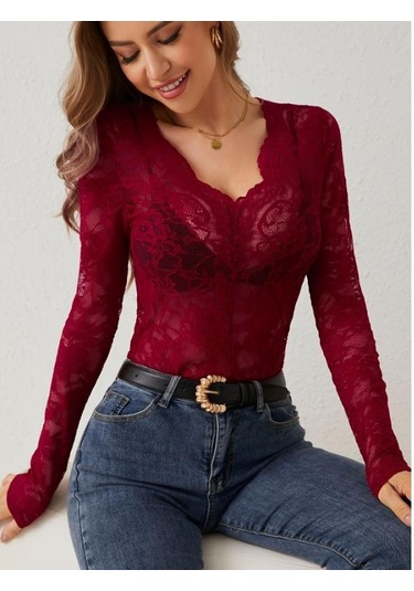 Kadın Sonbahar Ve Kış Yeni Seksi Tek Katmanlı Çiçekli Dantel Kenarlı Süsleme İçlik Küçük Gömlek Üstler Bordo