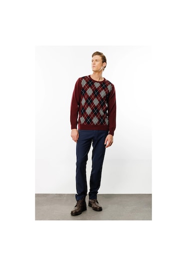 Desen Triko Erkek Sıfır Yaka Önü Baklava Desenli Kazak 24511 Bordo Bordo