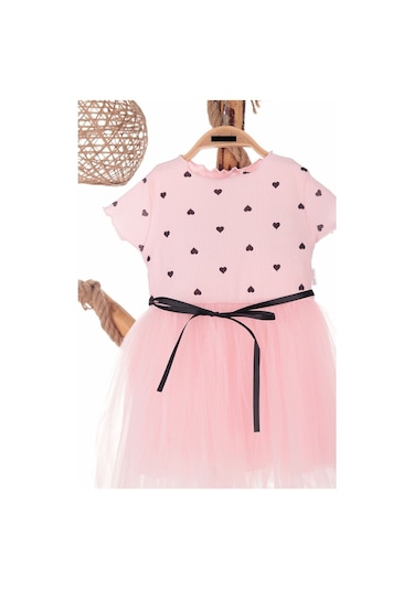 Kalp Baskılı 2-7 Yaş Arası Pembe Kız Çocuk Tüllü Elbise Doğum Günü Özel Gün Ve Geceler İçin Pembe