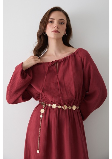 Kiremit Bağlama Detaylı Müslin Elbise - 2004 Kiremit