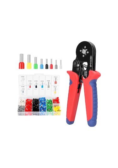 Kosona Profesyonel Kablo Pense Seti - 1200 Adet Kablo Ucu İle Yüksek Kaliteli Kılavuzlu Sıkma Pensesi Mavi/kırmızı