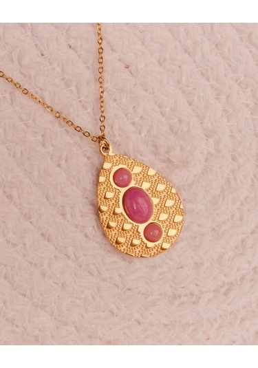 Lekka Design Kadın Takı Kararmaz Çelik Pudra Pembe Taşlı Damla Antik Kolye