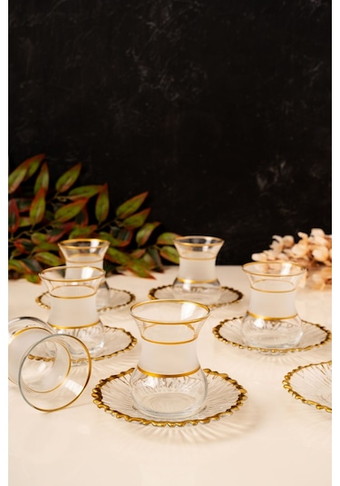 Mest 12 Parça 6 Kişilik Gold Yaldızlı Cam Çay Bardağı Seti Şıklığı Sofralarınıza Taşıyın Gold