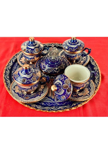 4lü Bakır Fincan Takımı Ve Lokumluk Yuvarlak Tepsi