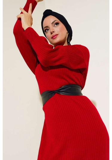 Bigdart 15900 Boydan Tesettür Triko Elbise - Kırmızı