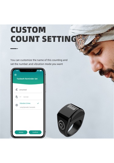 Mufunye Akıllı Zikirmatik Yüzük - 5 Namaz Vakti Hatırlatıcı, Bluetooth, Oled Ekran, 22mm Siyah Plastik