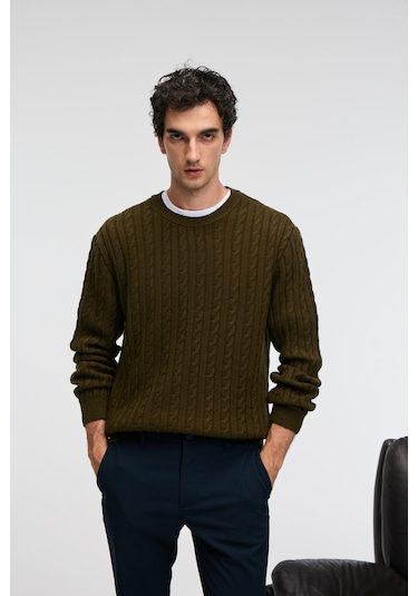 Grımelange Vıntlace Erkek Yuvarlak Yaka Saç Örgü Desenli Regular Fit Triko Haki Kazak Haki