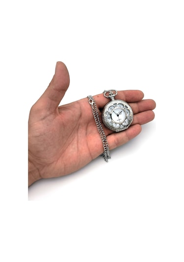 Valkyrie Vintage Retro Roma Rakamlı İşlemeli Cep Köstekli Saat Gümüş