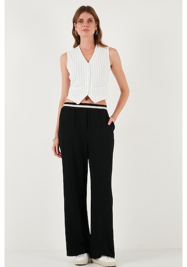 Lela Streç Fitted Fit V Yaka Düğmeli Bayan Yelek 5865971 Beyaz-Siyah
