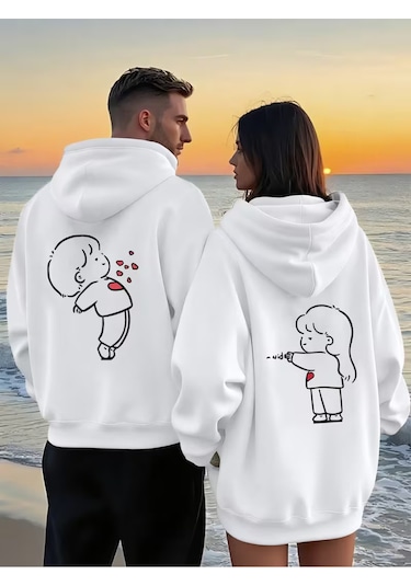 Nevermind Sevgili Çift Kombin Hoodie 2 Li Set Unisex Oversize Kapüşonlu Hoo Beyaz