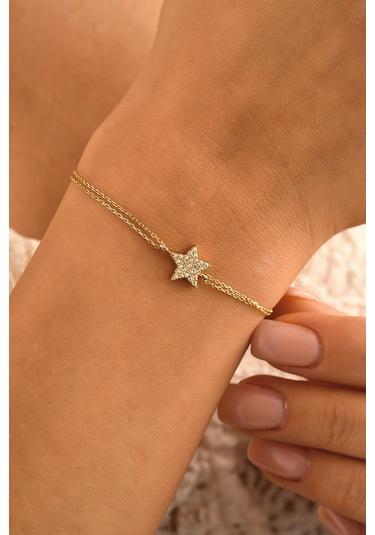 Sefa Gold 14 Ayar Altın Taşlı Yıldız Bileklik Sarı - Beyaz Altın