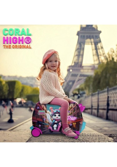 Coral High Otur-çek Kız Çocuk Valizi - Pembe Motorlu Kedi Çok Renkli