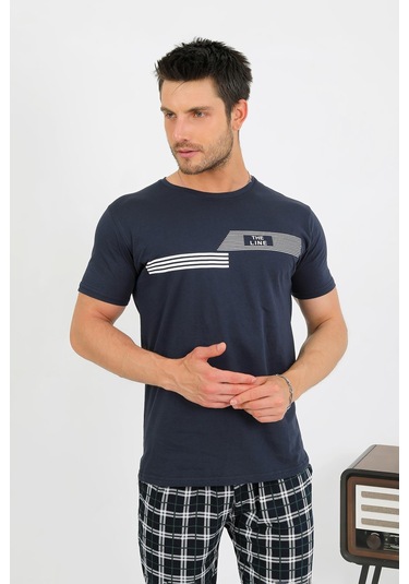 Akbeniz Erkek Pamuk Kısa Kol Pijama Takım Lacivert 6875 Lacivert