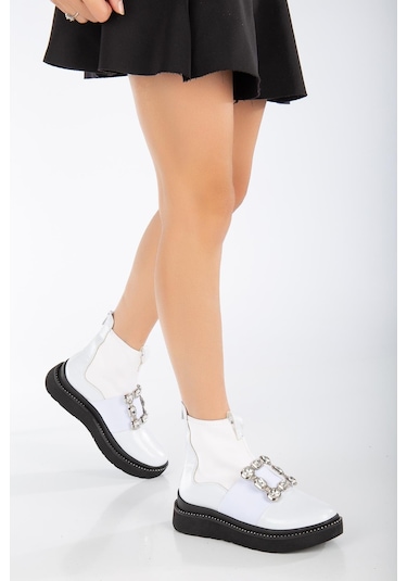 Rugan Streç Taşlı Kalın Taban Beyaz Kadın Bot-2618-beyaz Beyaz