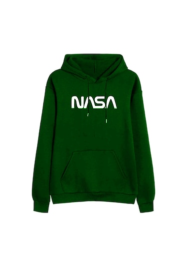 Unisex Siyah Nasa Baskılı Kapüşonlu Sweatshirt Yeşil